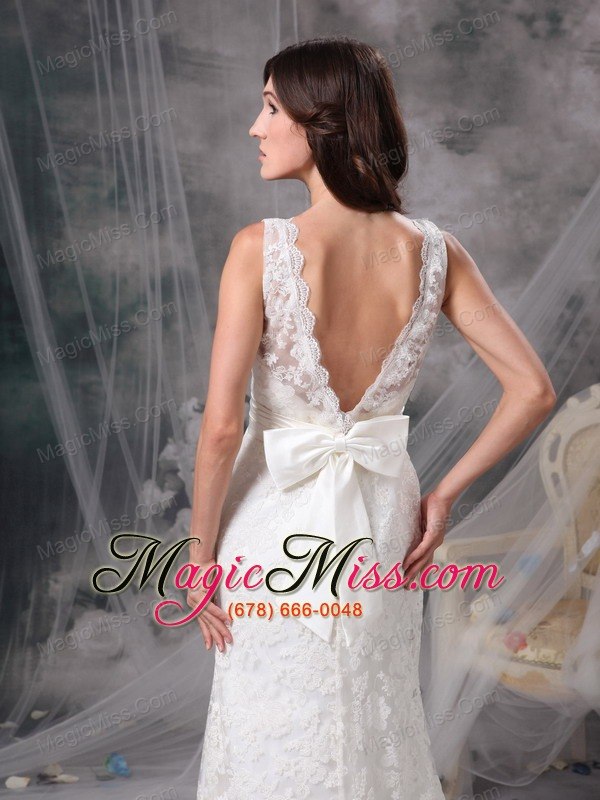wholesale white column v-neck brush train lace belt wedding dress