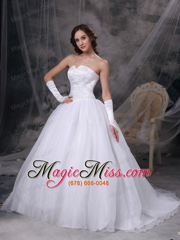 wholesale white a-line strapless brush train satin and organza embriodery wedding dress