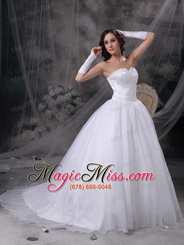 wholesale white a-line strapless brush train satin and organza embriodery wedding dress