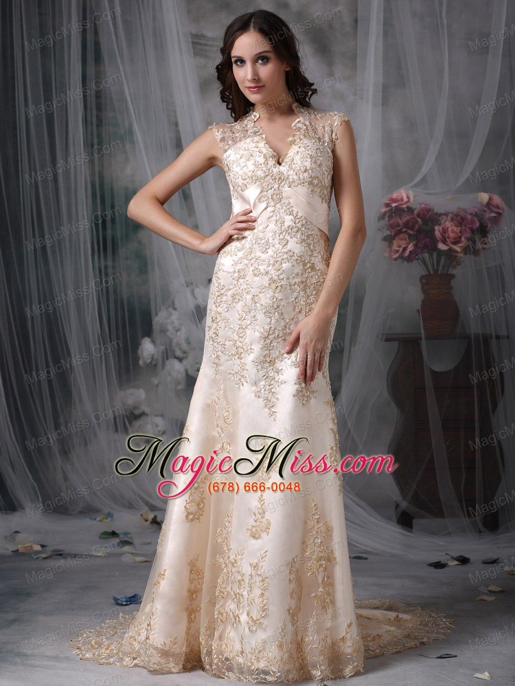 wholesale white mermaid v-neck brush train organza embroidery prom dress