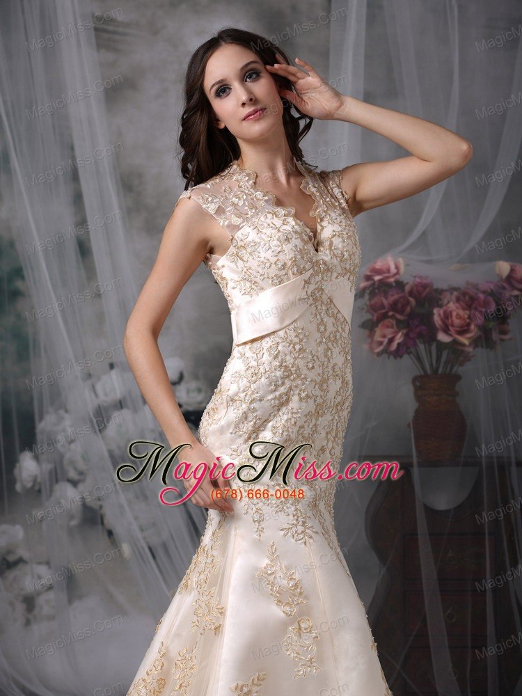 wholesale white mermaid v-neck brush train organza embroidery prom dress