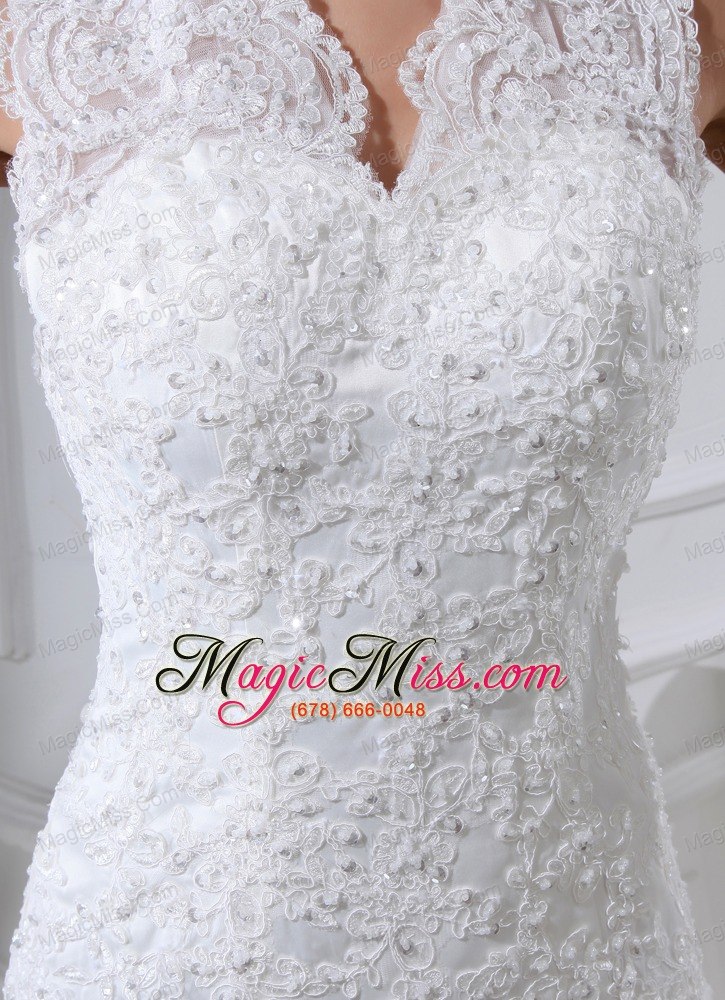 wholesale lace pick-ups v-neck mermaid chapel train wedding dress