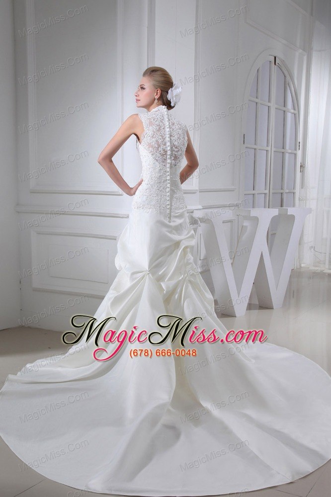 wholesale lace pick-ups v-neck mermaid chapel train wedding dress