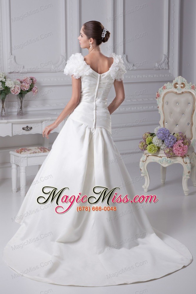 wholesale ruching a-line v-neck court train wedding dress with short sleeves
