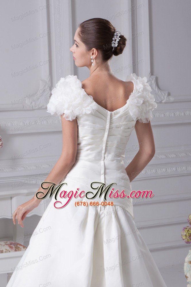 wholesale ruching a-line v-neck court train wedding dress with short sleeves