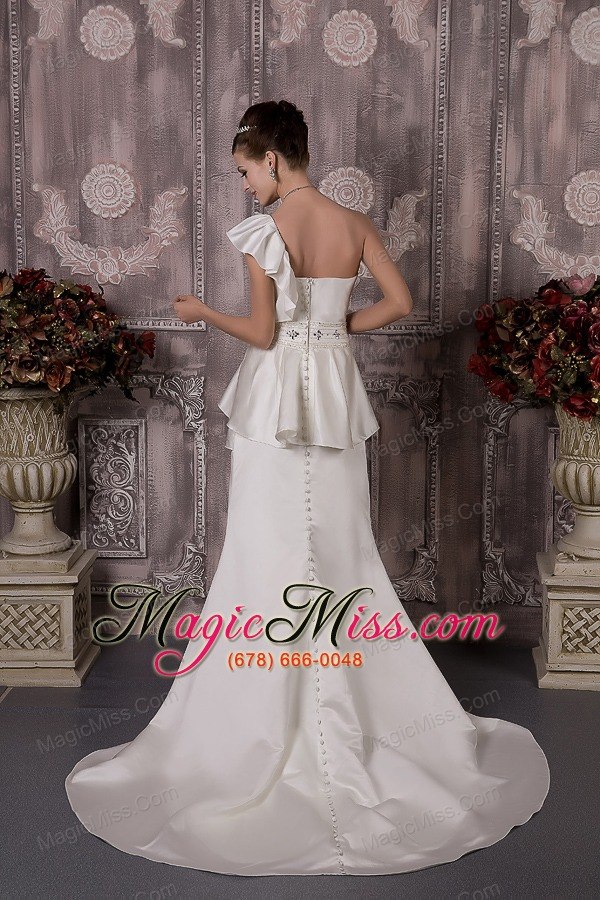 wholesale custom made a-line one shoulder brush train satin beading wedding dress
