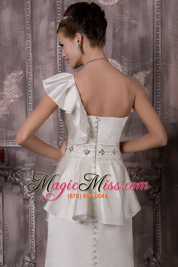 wholesale custom made a-line one shoulder brush train satin beading wedding dress