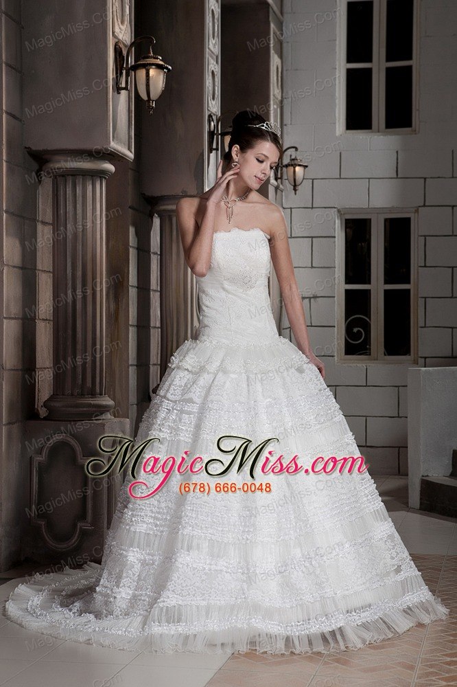 wholesale customize a-line strapless brush train special fabric beading wedding dress
