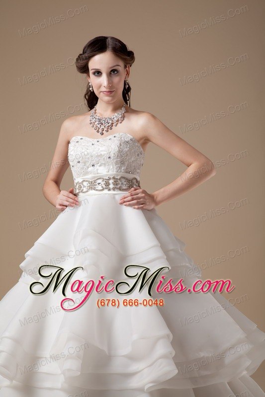 wholesale beautiful a-line strapless brush train taffeta and organza appliques with beading wedding dress