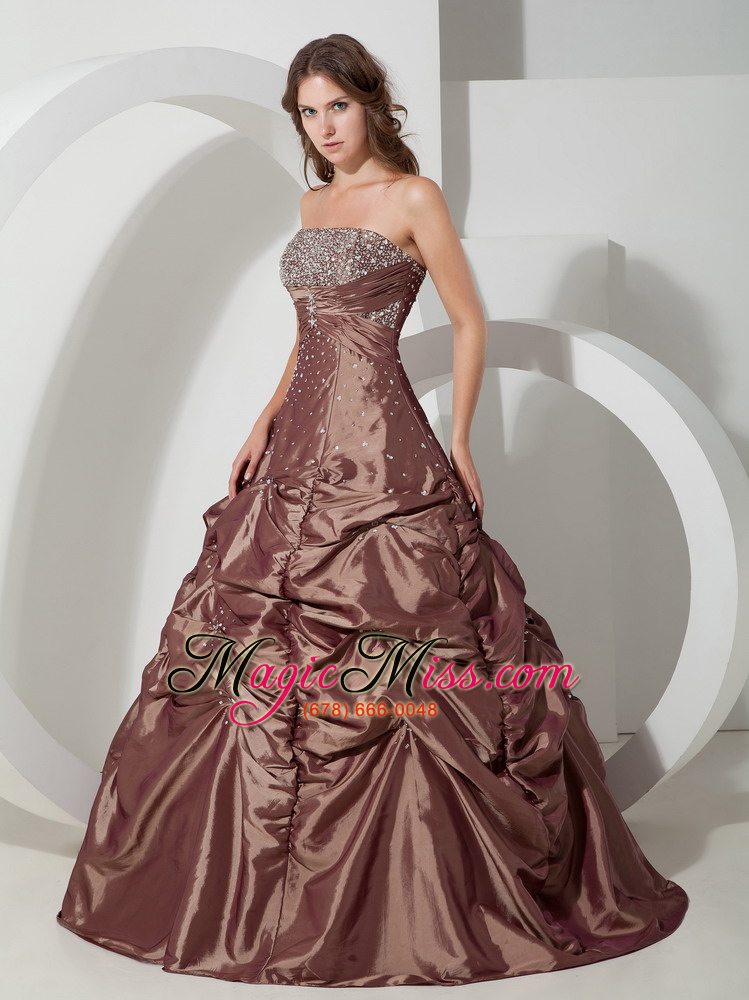 wholesale brown ball gown strapless floor-length taffeta beading quinceanera dress