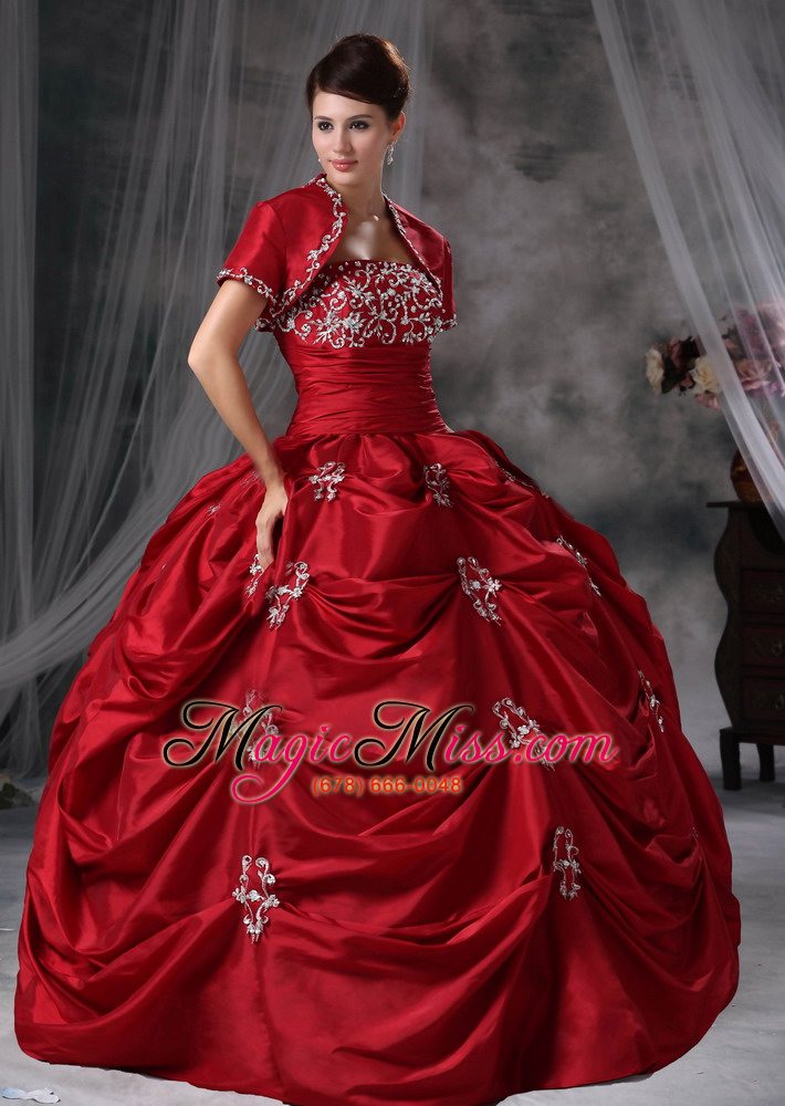 wholesale red ball gown strapless floor-length taffeta appliques quinceanera dress