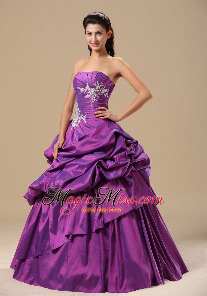 wholesale ann arbor appliques decorate bodice strapless pick-ups purple floor-length 2013 prom / pageant dress