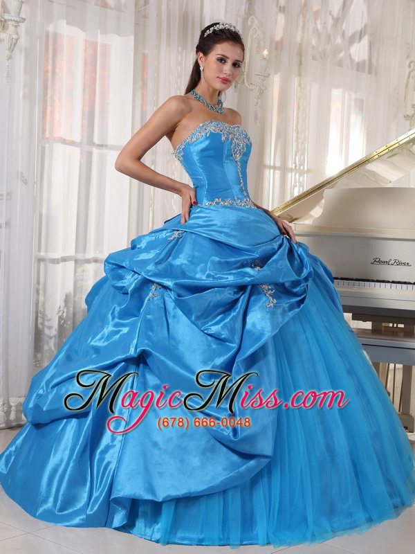 wholesale blue ball gown strapless floor-length taffeta and tulle appliques quinceanera dress