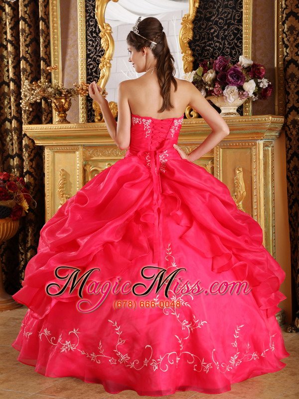wholesale coral red ball gown strapless floor-length embroidery organza quinceanera dress