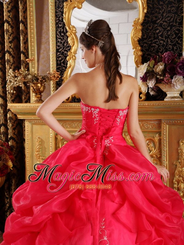 wholesale coral red ball gown strapless floor-length embroidery organza quinceanera dress