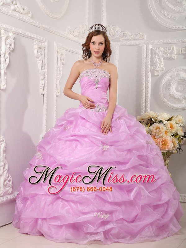 wholesale exclusive ball gown strapless floor-length organza appliques rose pink quinceanera dress