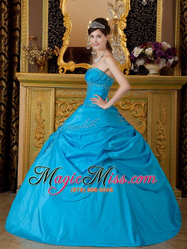 wholesale blue ball gown strapless floor-length appliques taffeta quinceanera dress