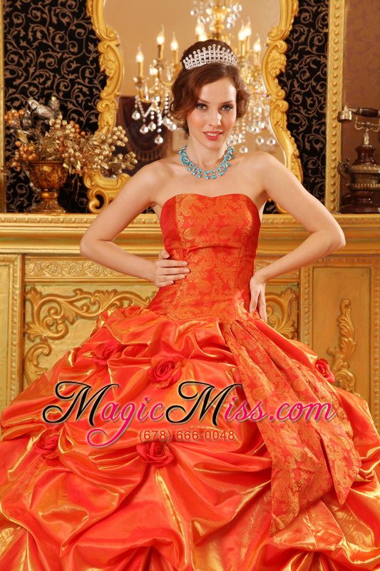 wholesale popular ball gown strapless floor-length taffeta handle flowers orange red quinceanera dress