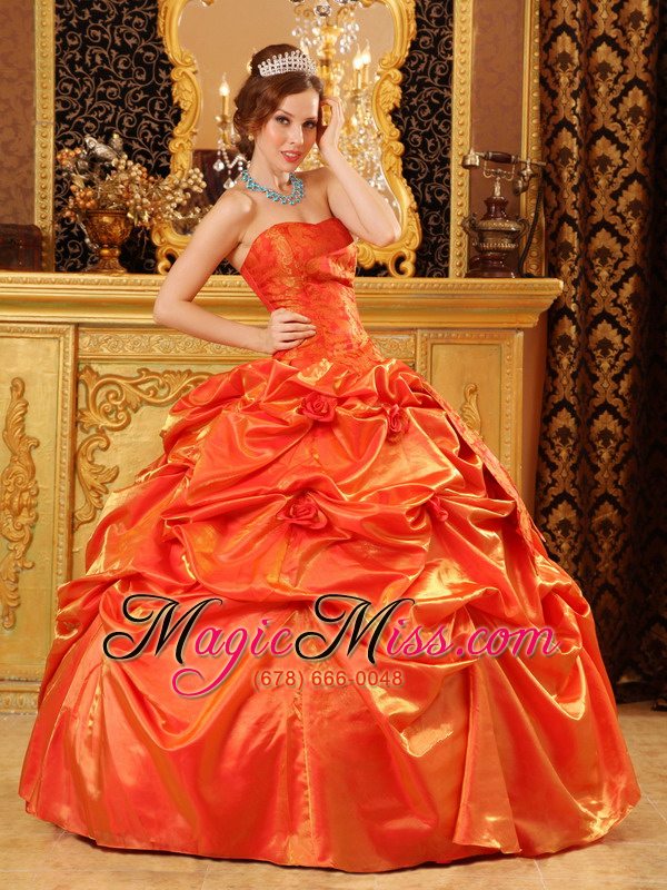 wholesale popular ball gown strapless floor-length taffeta handle flowers orange red quinceanera dress