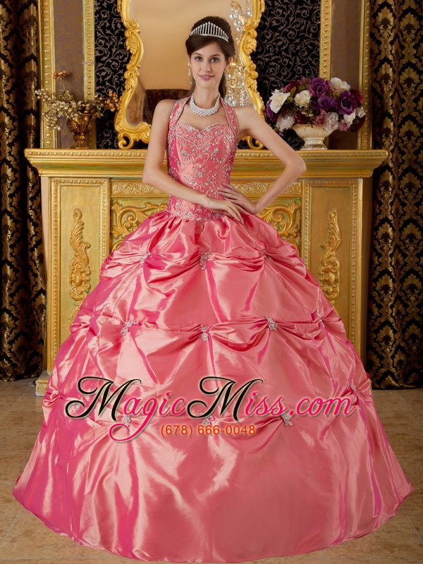 wholesale waltermelon ball gown halter floor-length tafftea appliques quinceanera dress
