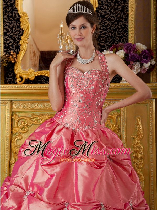 wholesale waltermelon ball gown halter floor-length tafftea appliques quinceanera dress
