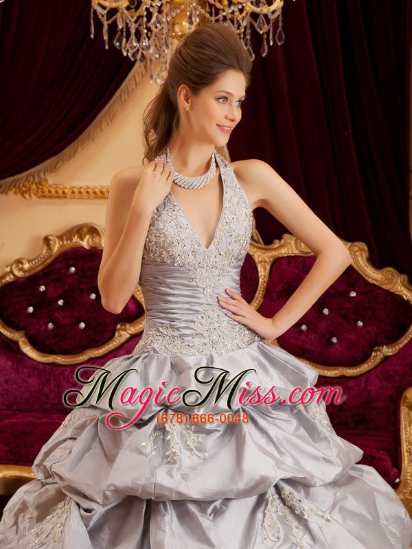 wholesale gray ball gown halter floor-length taffeta appliques quinceanera dress