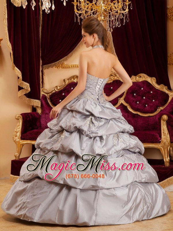 wholesale gray ball gown halter floor-length taffeta appliques quinceanera dress