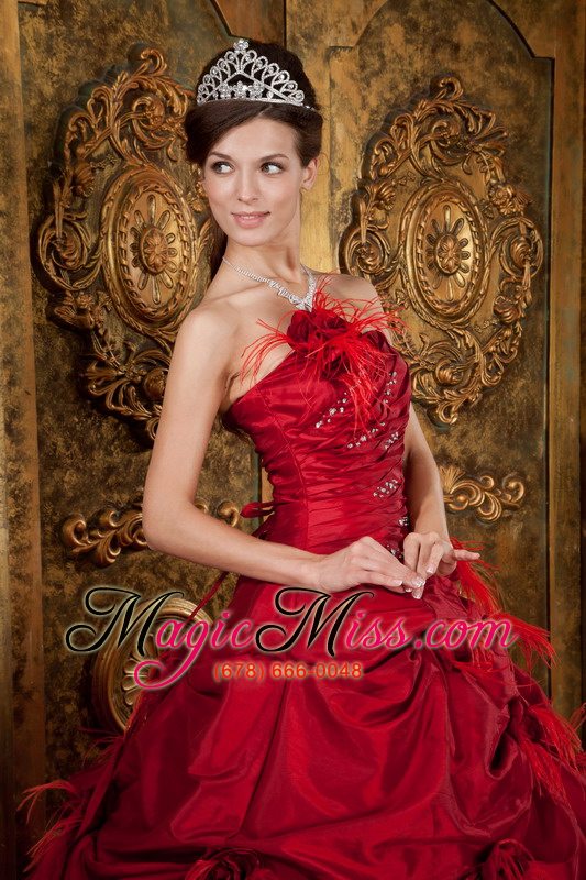 wholesale red ball gown strapless floor-length taffeta hand made flowers quinceanera dress