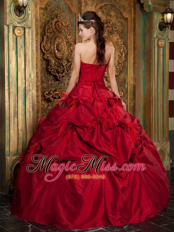 wholesale red ball gown strapless floor-length taffeta hand made flowers quinceanera dress