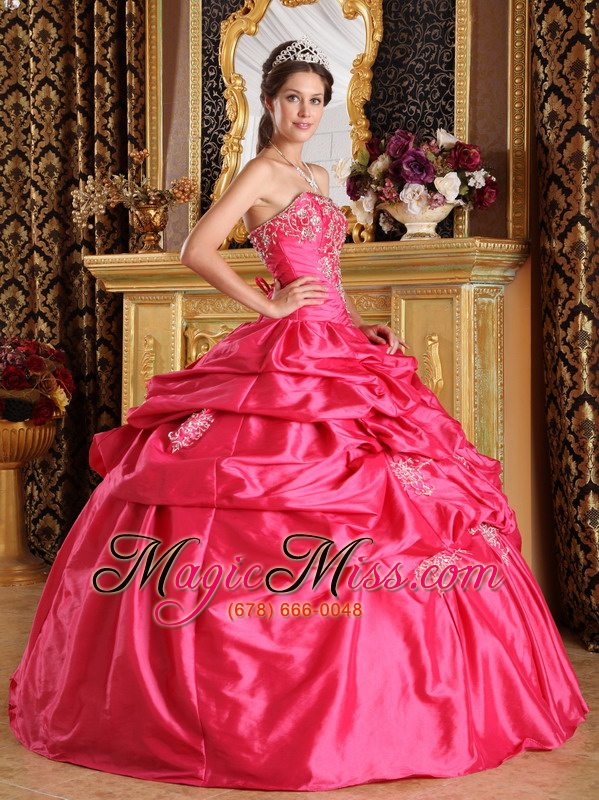 wholesale hot pink ball gown strapless floor-length pick-ups taffeta quinceanera dress