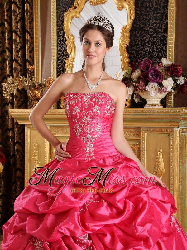 wholesale hot pink ball gown strapless floor-length pick-ups taffeta quinceanera dress