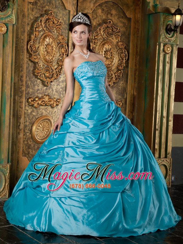 wholesale teal ball gown strapless floor-length taffeta appliques quinceanera dress