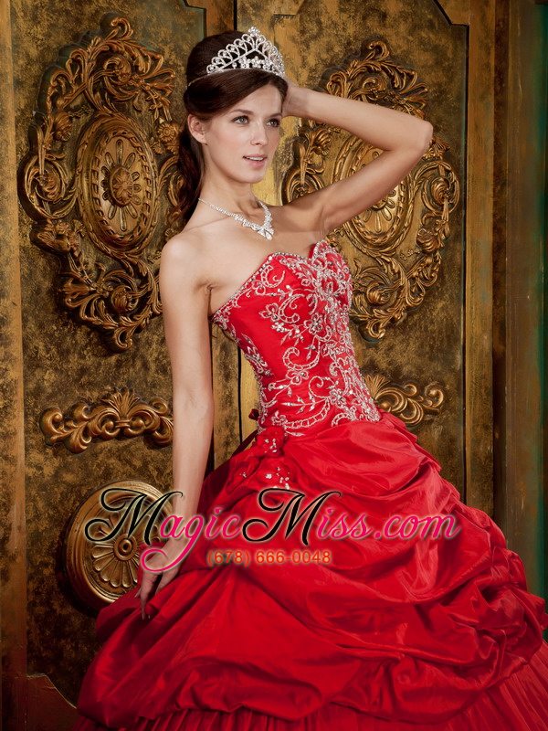 wholesale red ball gown sweetheart floor-length taffeta beading and appliques quinceanera dress