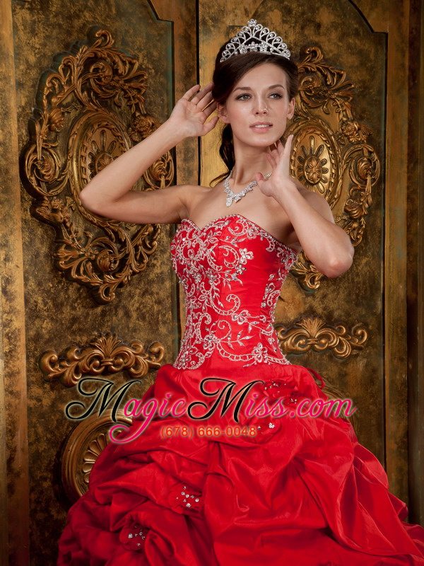 wholesale red ball gown sweetheart floor-length taffeta beading and appliques quinceanera dress
