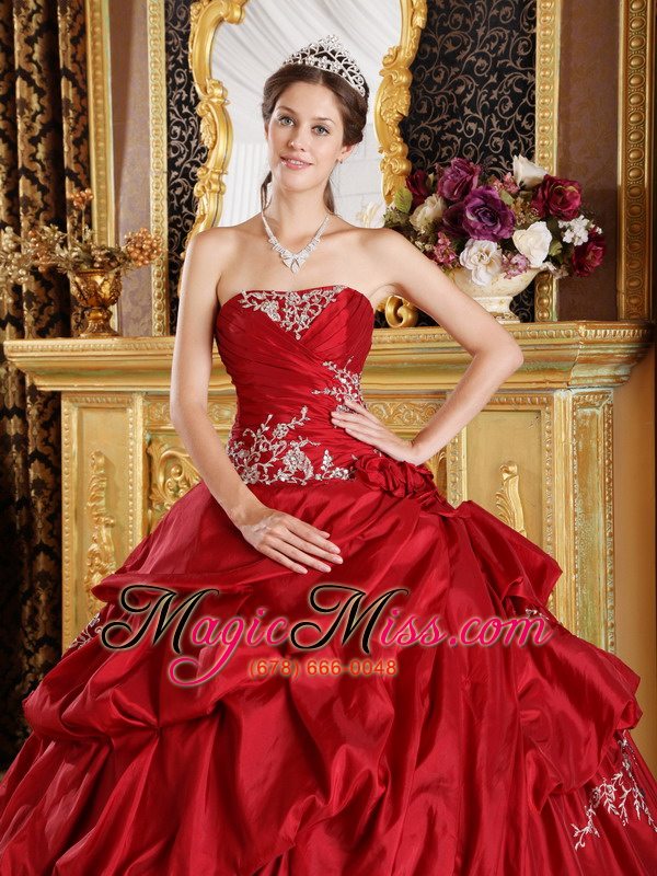 wholesale wine red ball gown strapless floor-length taffeta appliques quinceanera dress