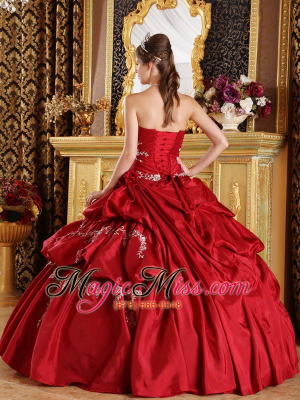 wholesale wine red ball gown strapless floor-length taffeta appliques quinceanera dress