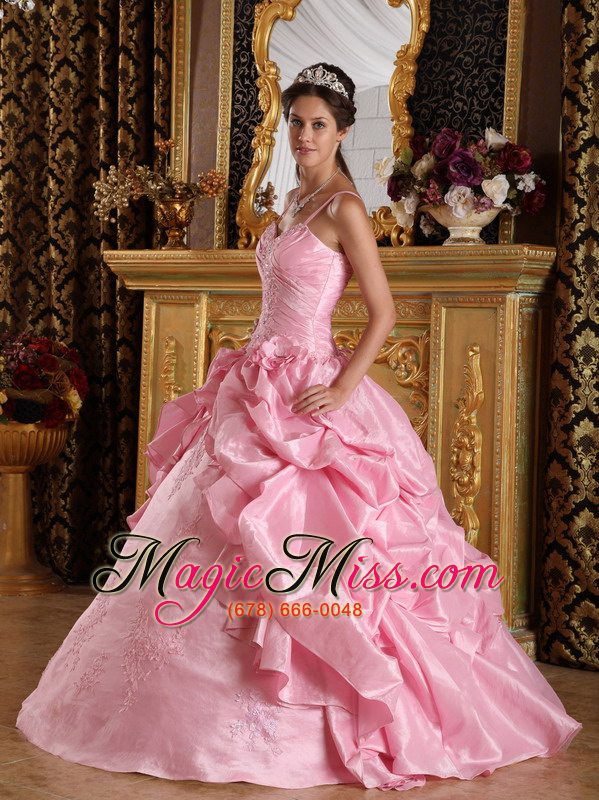 wholesale pink ball gown straps floor-length taffeta beading and appliques quinceanera dress