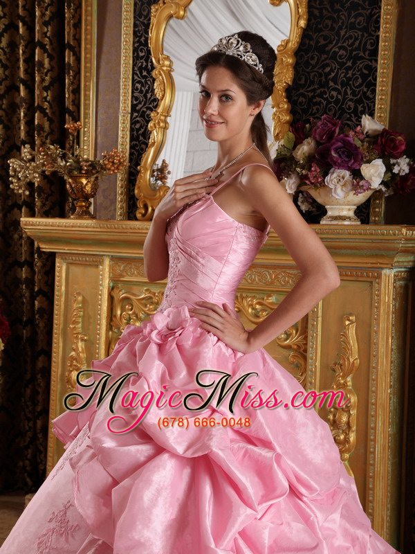 wholesale pink ball gown straps floor-length taffeta beading and appliques quinceanera dress