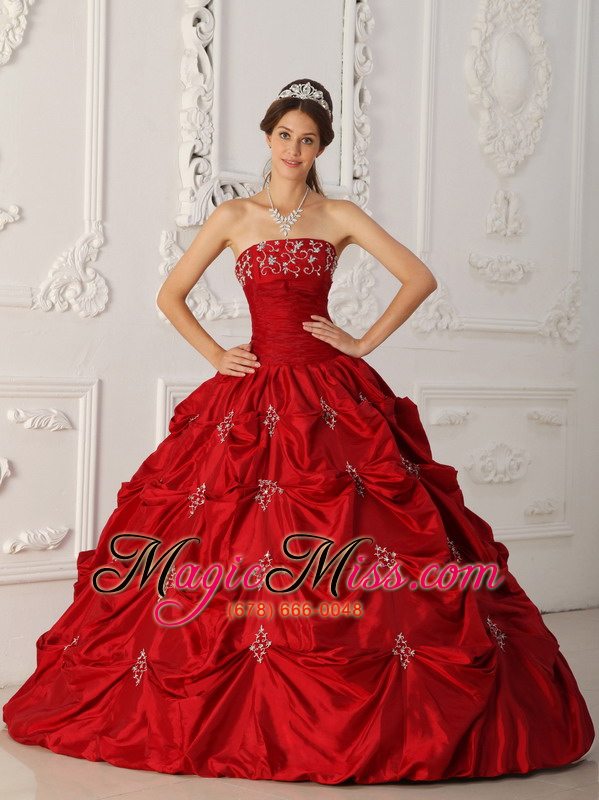 wholesale wine red ball gown strapless floor-length taffeta appliques and beading quinceanera dress