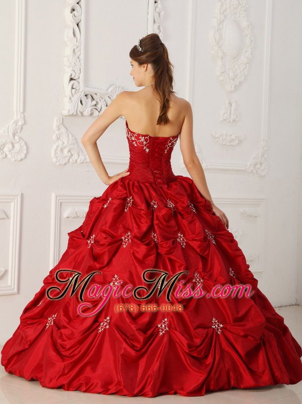wholesale wine red ball gown strapless floor-length taffeta appliques and beading quinceanera dress