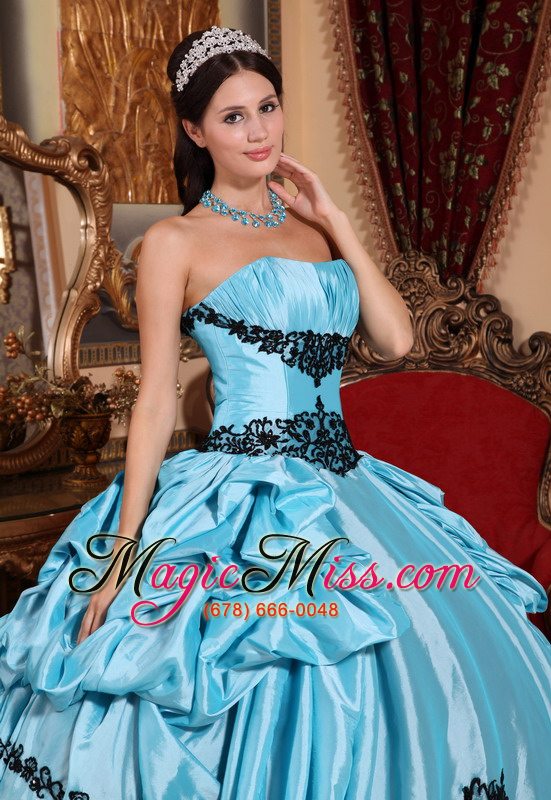 wholesale baby blue ball gown strapless floor-length taffeta appliques quinceanera dress
