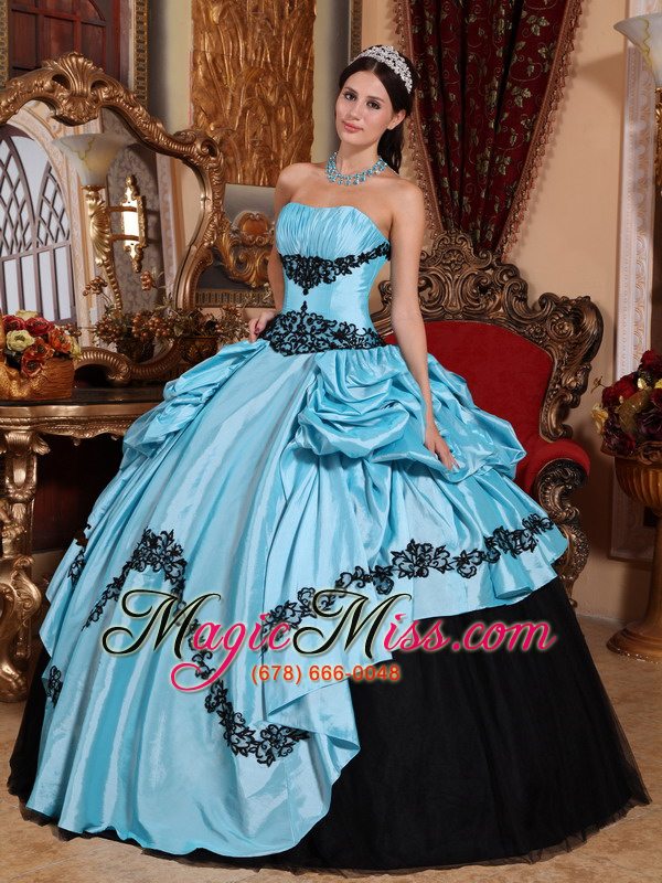 wholesale baby blue ball gown strapless floor-length taffeta appliques quinceanera dress