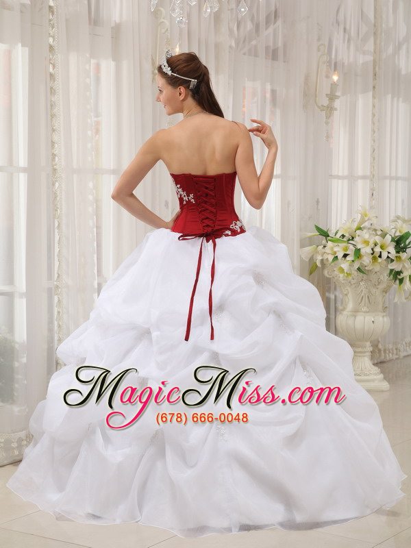 wholesale white and wine red ball gown strapless floor-length taffeta and organza appliques quinceanera dress