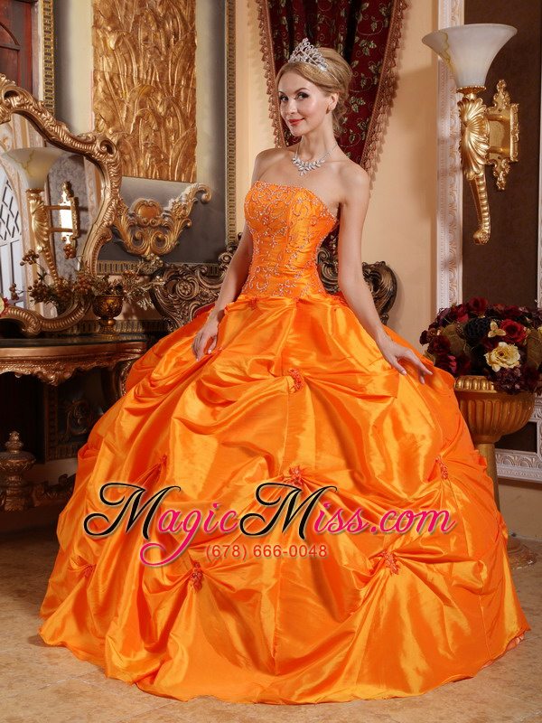 wholesale orange red ball gown strapless floor-length taffeta beading quinceanera dress