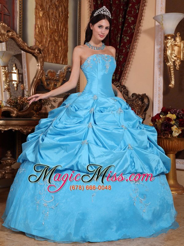 wholesale teal ball gown strapless floor-length taffeta and organza beading quinceanera dress