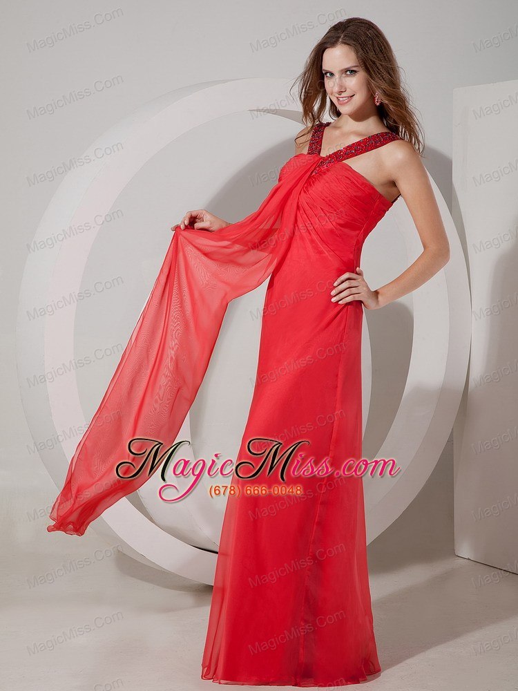 wholesale red empire v-neck chiffon prom dress with beading