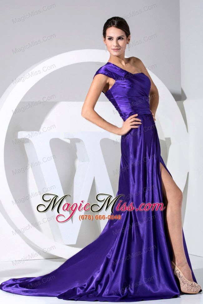 wholesale one shoulder high slit purple taffeta brush train 2013 prom dress