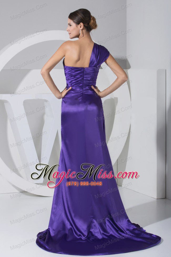 wholesale one shoulder high slit purple taffeta brush train 2013 prom dress