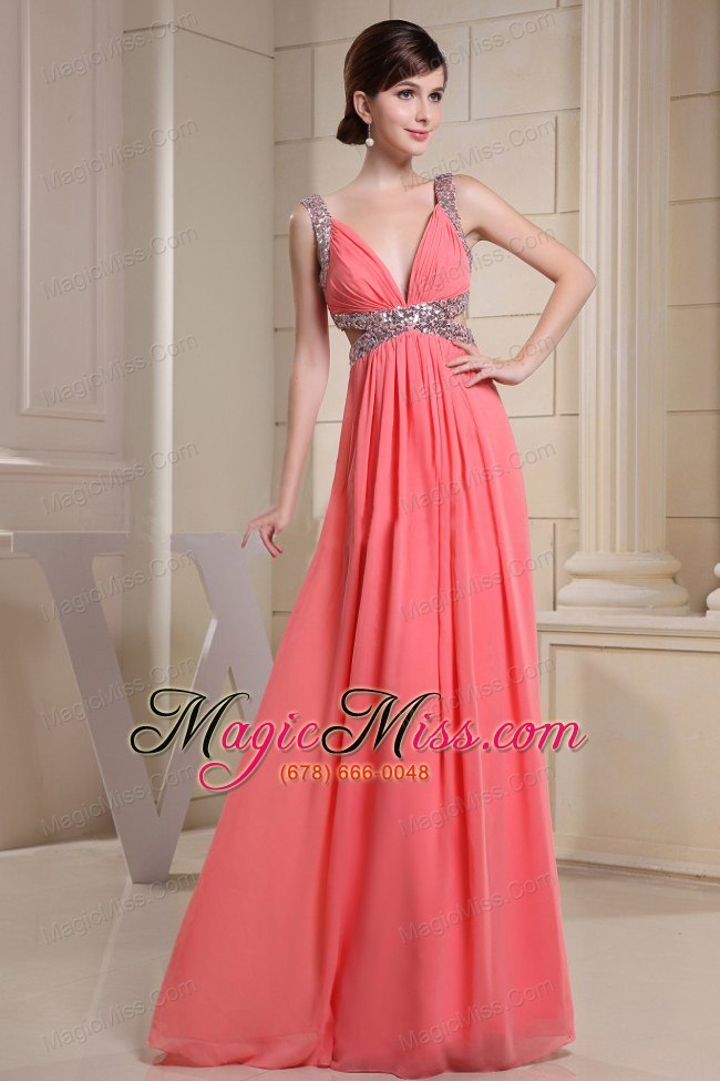 wholesale v-neck beading for watermelon prom dress with floor-length