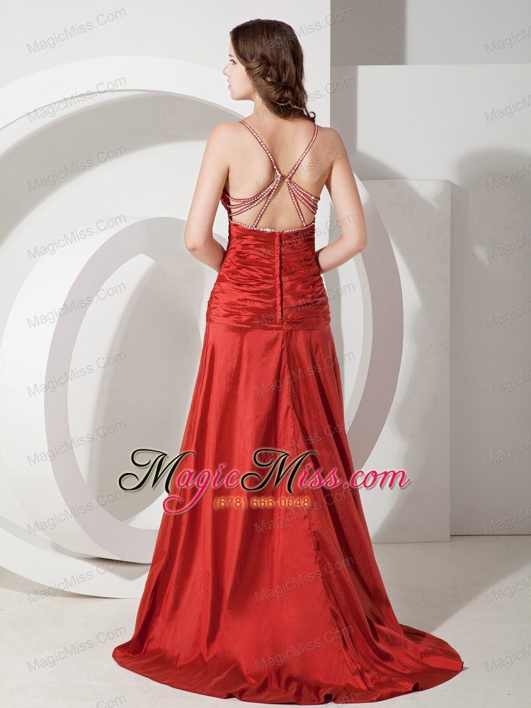 wholesale custom made red column / sheath straps ruched evening dress brush / sweep taffeta